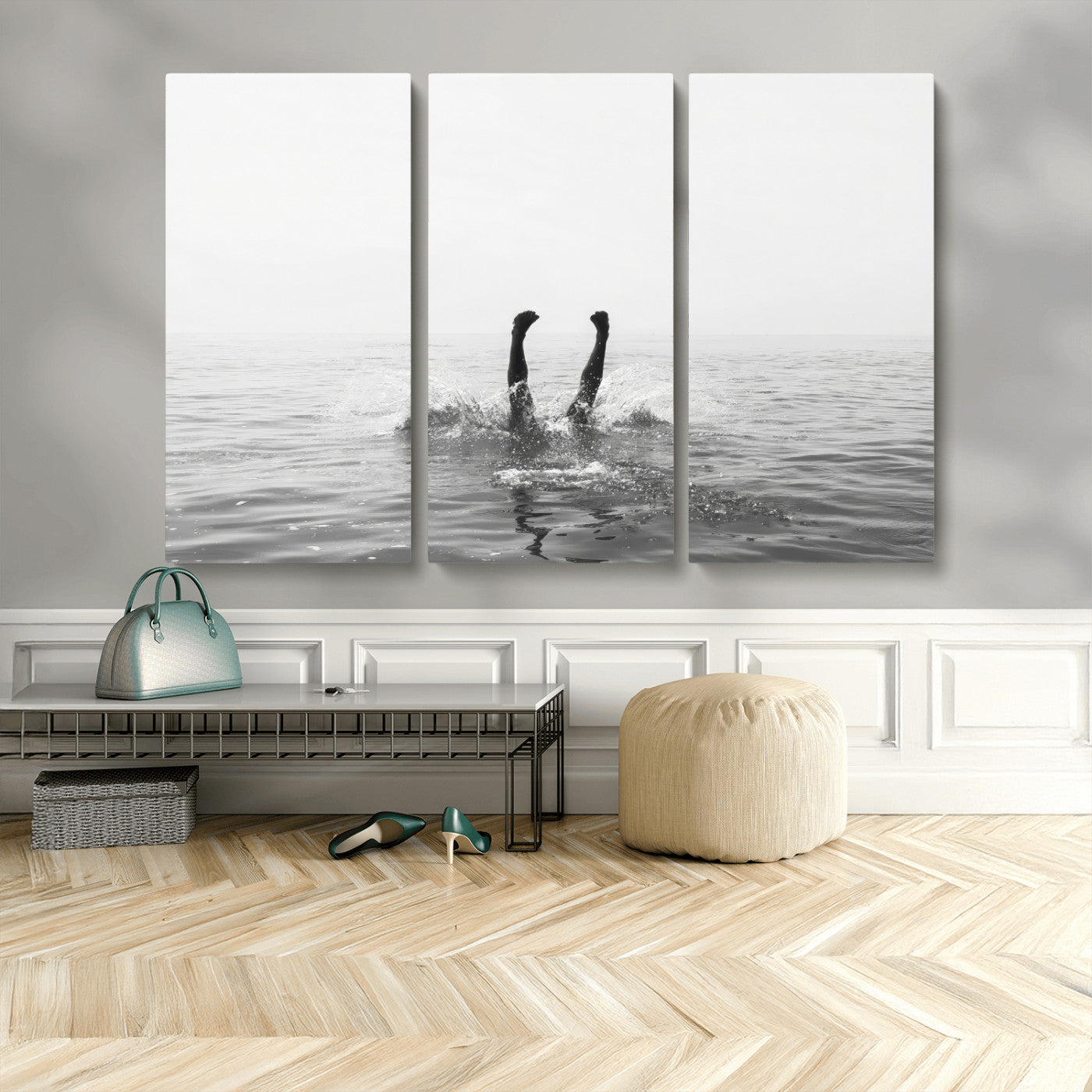 26667396-MGV-CV-48X32-3P-Black White Ocean Wall Art Canvas Print, Framed Monochrome Water Art Picture Print, Diving into Water Perfect Minimalist Aquatic