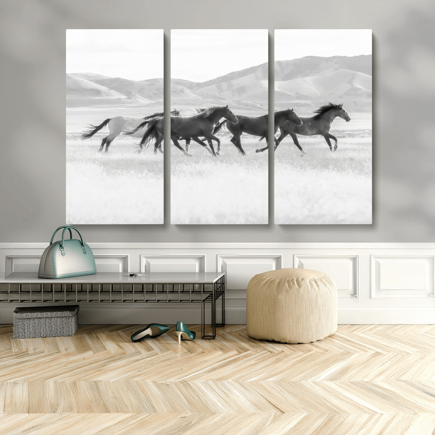 69934913-MGV-CV-48X32-3P-Wild Horses Running Wall Art Canvas Print, Framed Black White Mustangs Art Picture Print, Rustic Western Perfect Rustic Western