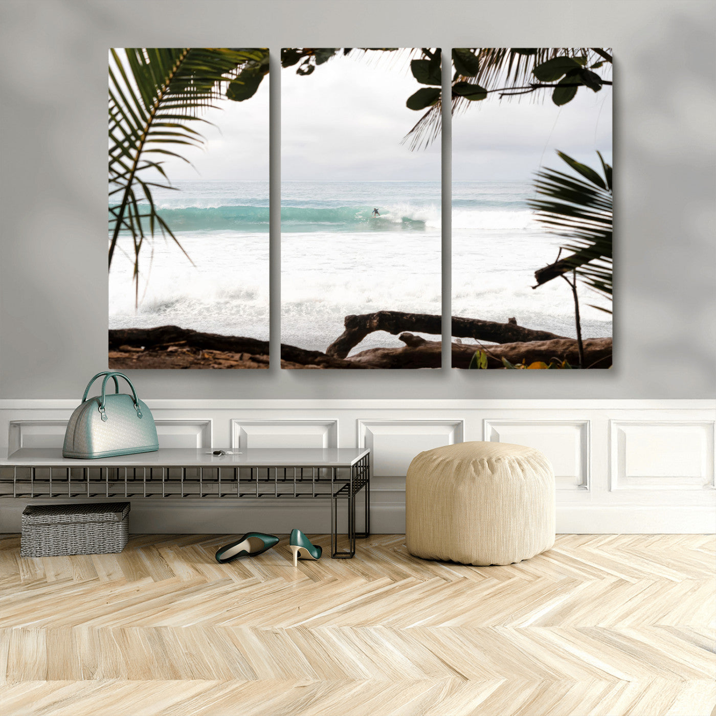 50382104-MGV-CV-48X32-3P-Tropical Surf Wall Art Canvas Print, Framed Palm Tree View Art Picture Print, Beach House Art Perfect Boho Coastal Decor Artwork