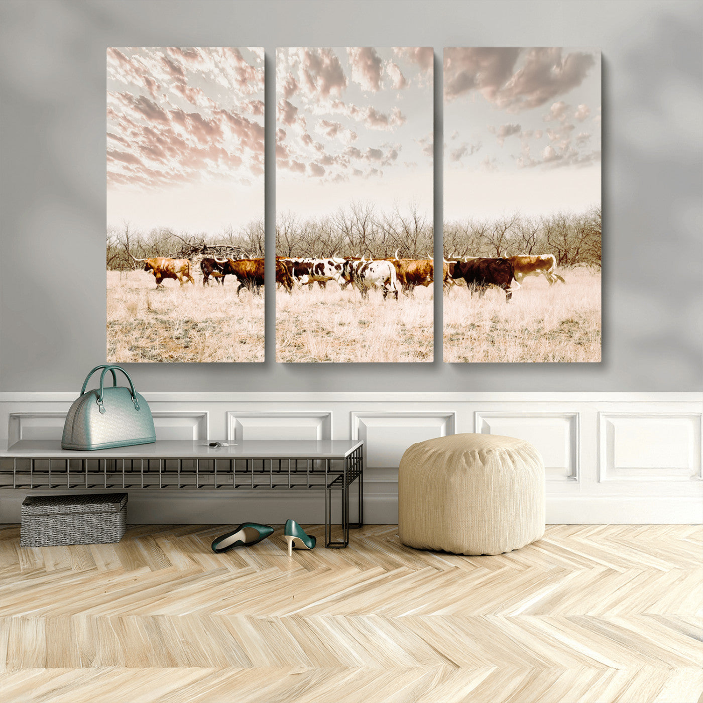 64892775-MGV-CV-48X32-3P-Longhorn Cattle Wall Art Canvas Print, Framed Texas Ranch Art Picture Print, Western Cow Perfect Western Decor Artwork