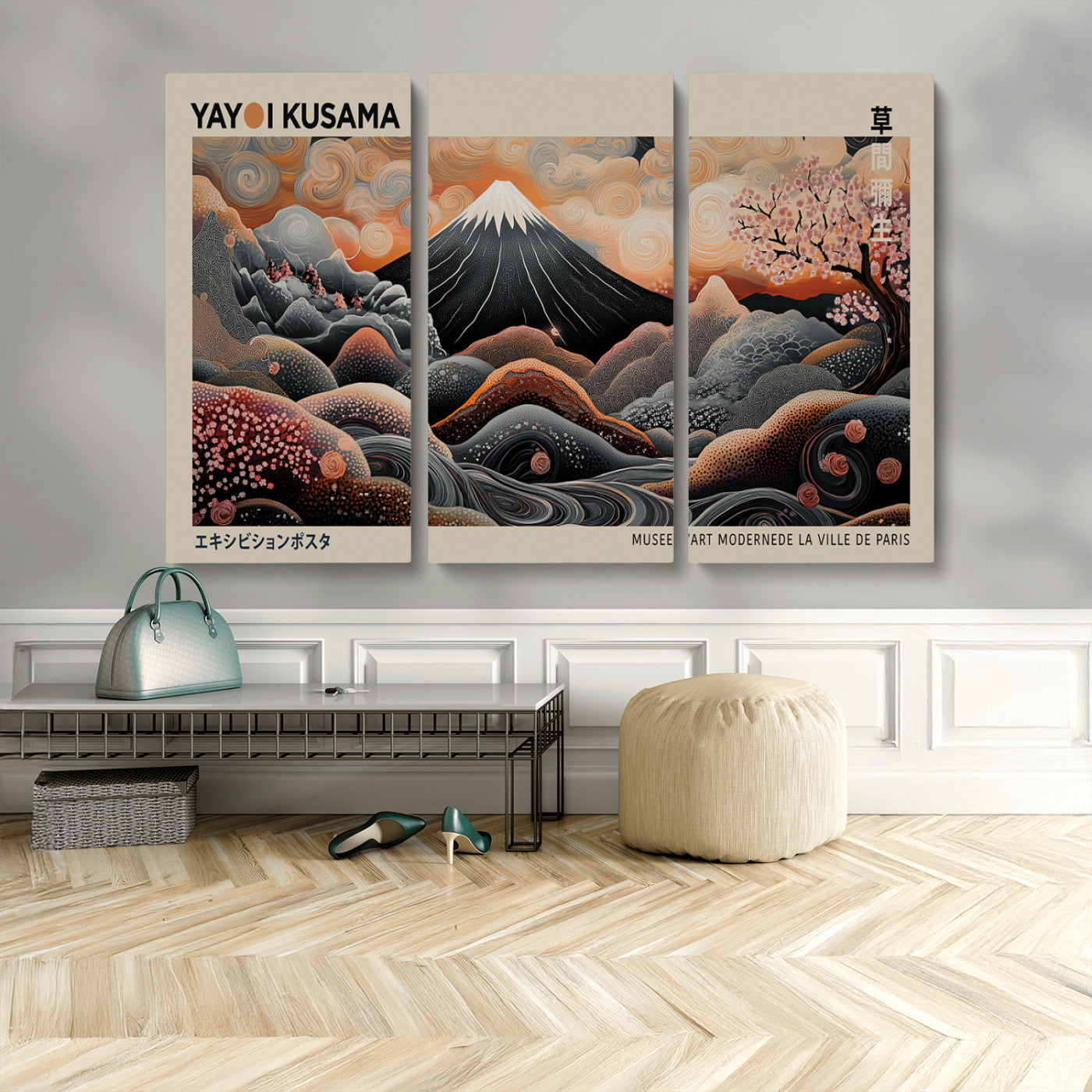 55739266-MGV-CV-36X24-Japanese Wall Art Print – Abstract Yayoi Kusama Inspired Dotted Landscape Poster, Surreal Oriental Mountain and Cherry Blossom