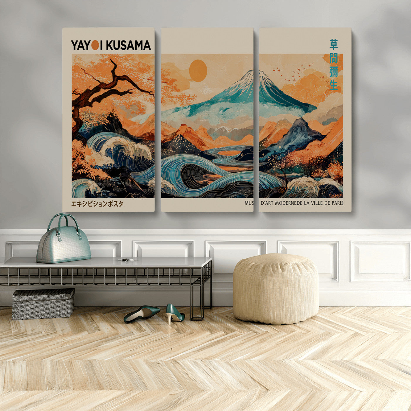 22373530-MGV-CV-48X32-3P-Japanese Mt Fuji Wave Art Print – Ukiyo e Inspired Sun & Cherry Blossom Poster, Traditional Asian Landscape Painting, Modern