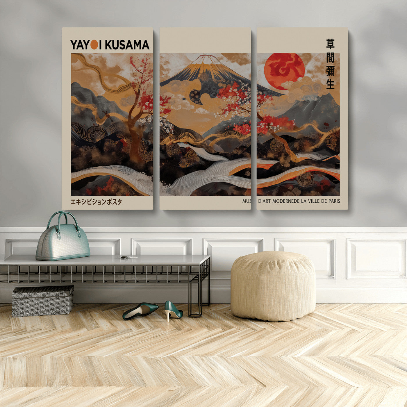 77970791-MGV-CV-36X24-Mount Fuji Golden Abstract Wall Art – Japanese Landscape Canvas Poster, Cherry Blossom & Red Sun Painting, Elegant Zen Oriental