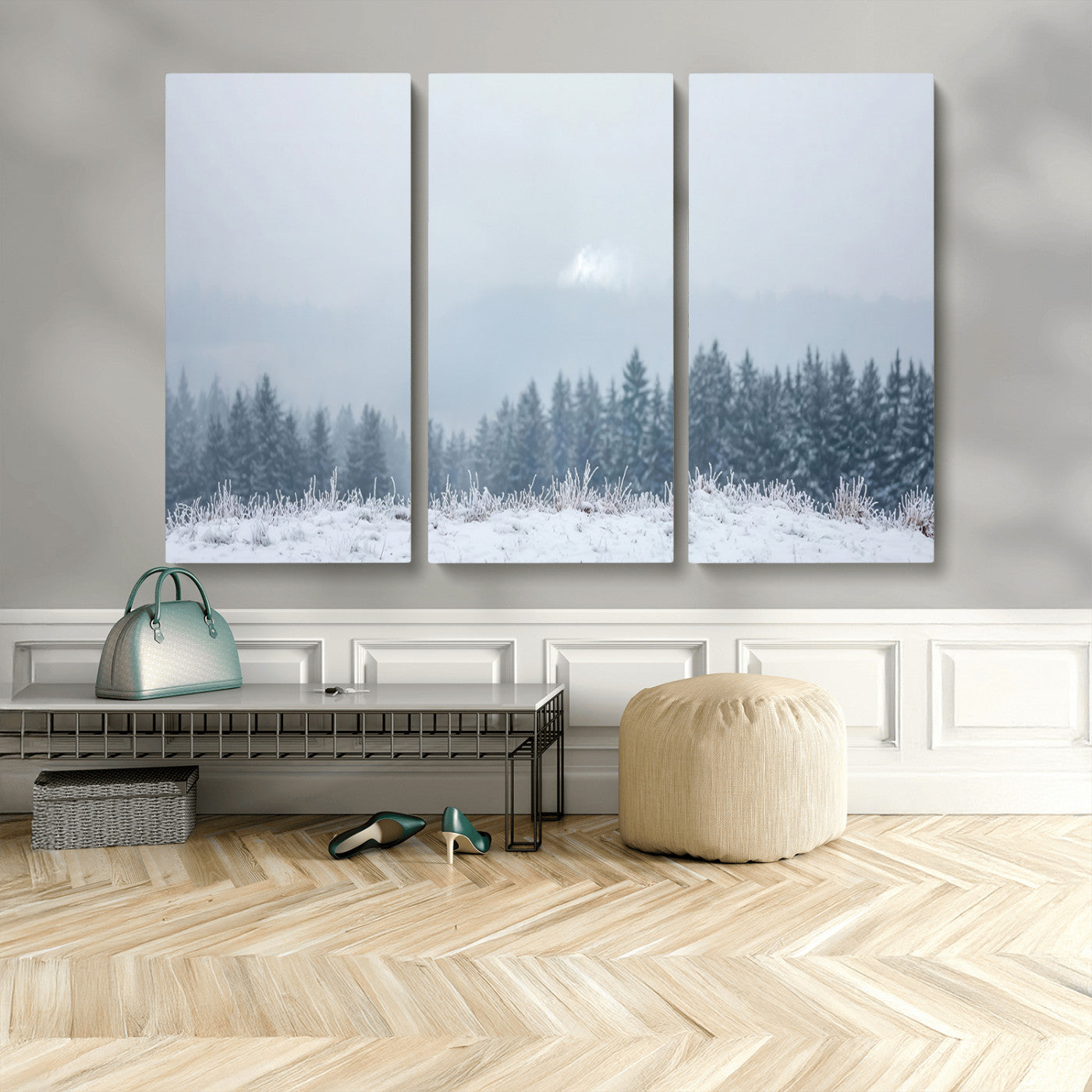 33033082-MGV-CV-36X24-Winter Forest Art Wall Art Canvas Print, Framed Snowy Landscape Art Picture Print, Misty Tree Scene Perfect Nordic Minimalist