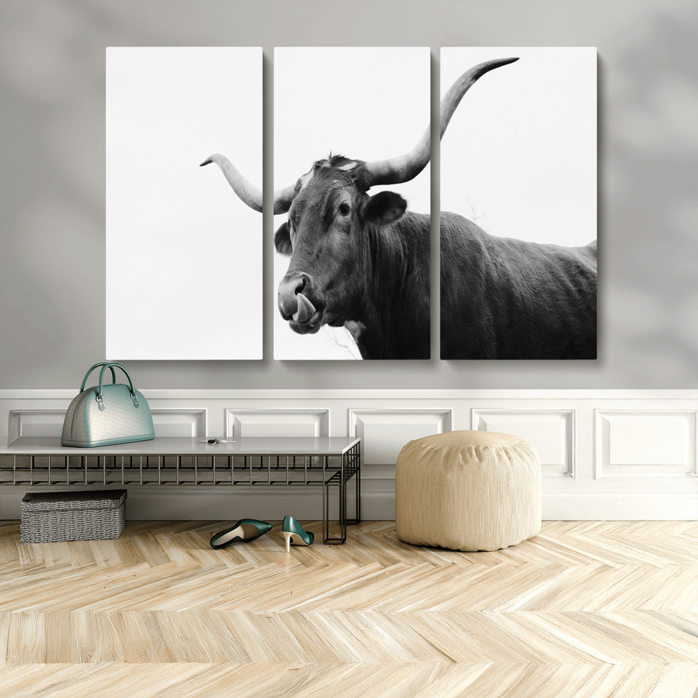 99244177-MGV-CV-36X24-Longhorn Photography Wall Art Canvas Print, Framed Western Cow Decor Art Picture Print, Black White Bull Perfect Modern Rustic