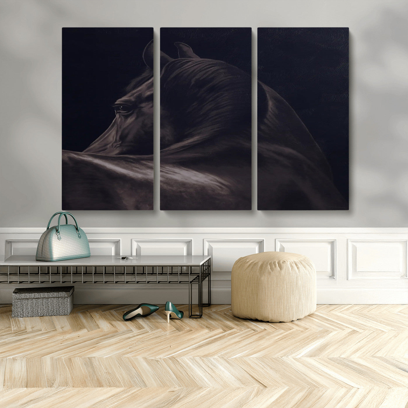 67026880-MGV-CV-36X24-Black Horse Portrait Wall Art Canvas Print, Framed Moody Horse Decor Art Picture Print, Equestrian Wall Style Perfect Masculine
