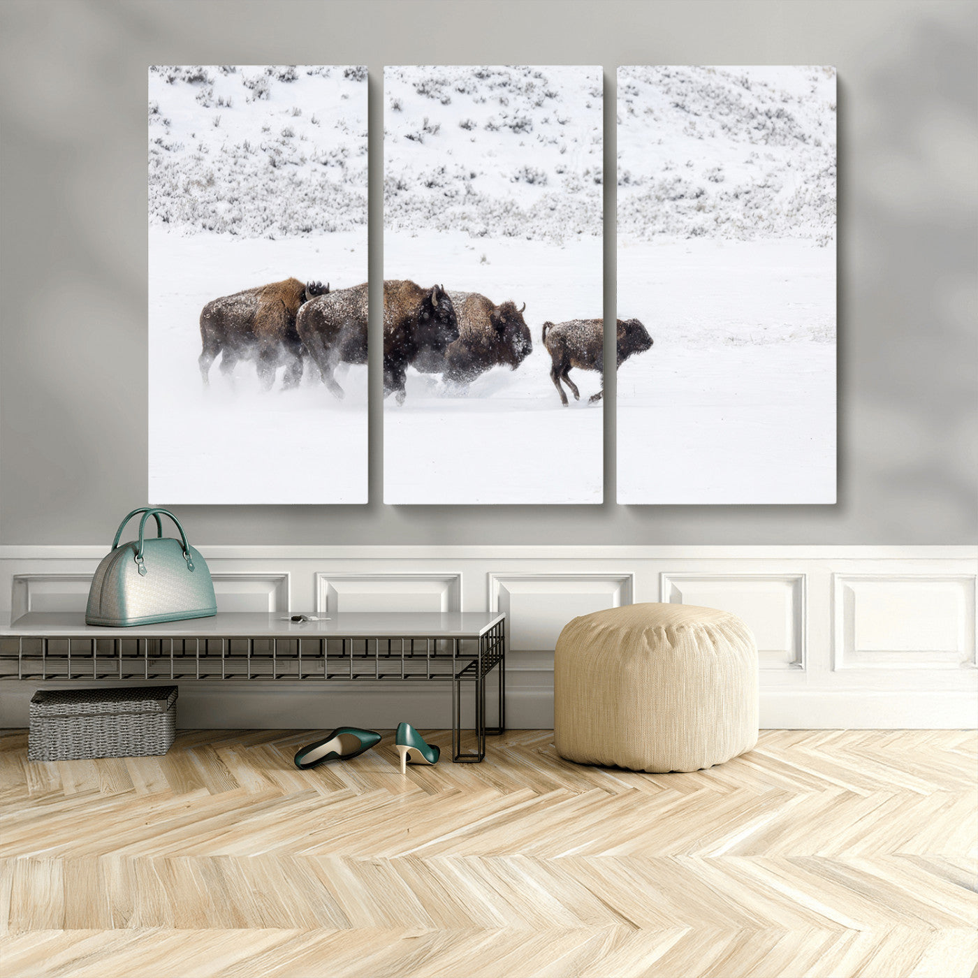 56216945-MGV-CV-36X24-Bison Herd Decor Wall Art Canvas Print, Framed Snowy Bison Scene Art Picture Print, Winter Wildlife Theme Perfect Rustic Western