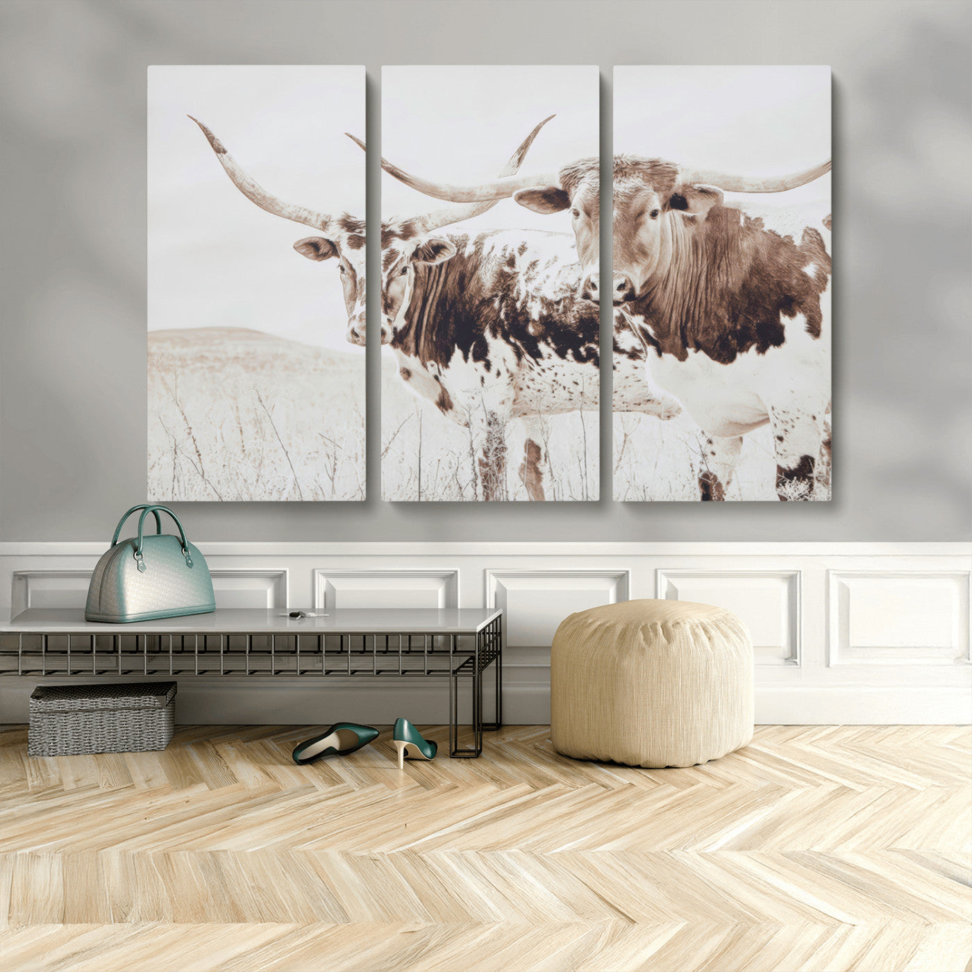 48161868-MGV-CV-48X32-3P-Longhorn Cow Decor Wall Art Canvas Print, Framed Rustic Cattle Art Picture Print, Sepia Western Vibe Perfect Neutral Rustic