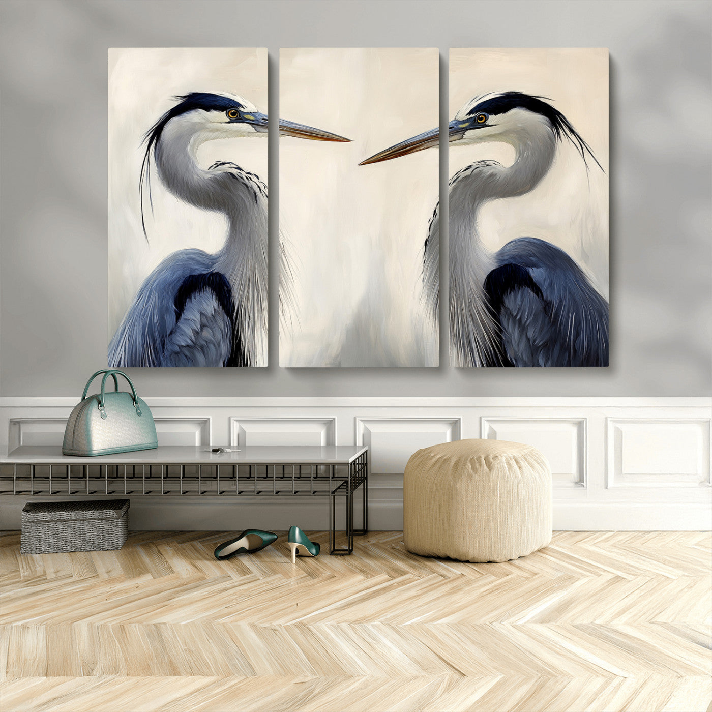 18230556-MGV-CV-48X32-3P-Blue Heron Pair Wall Art Canvas Print, Framed Coastal Bird Theme Art Picture Print, Tranquil Wildlife Scene Perfect Coastal
