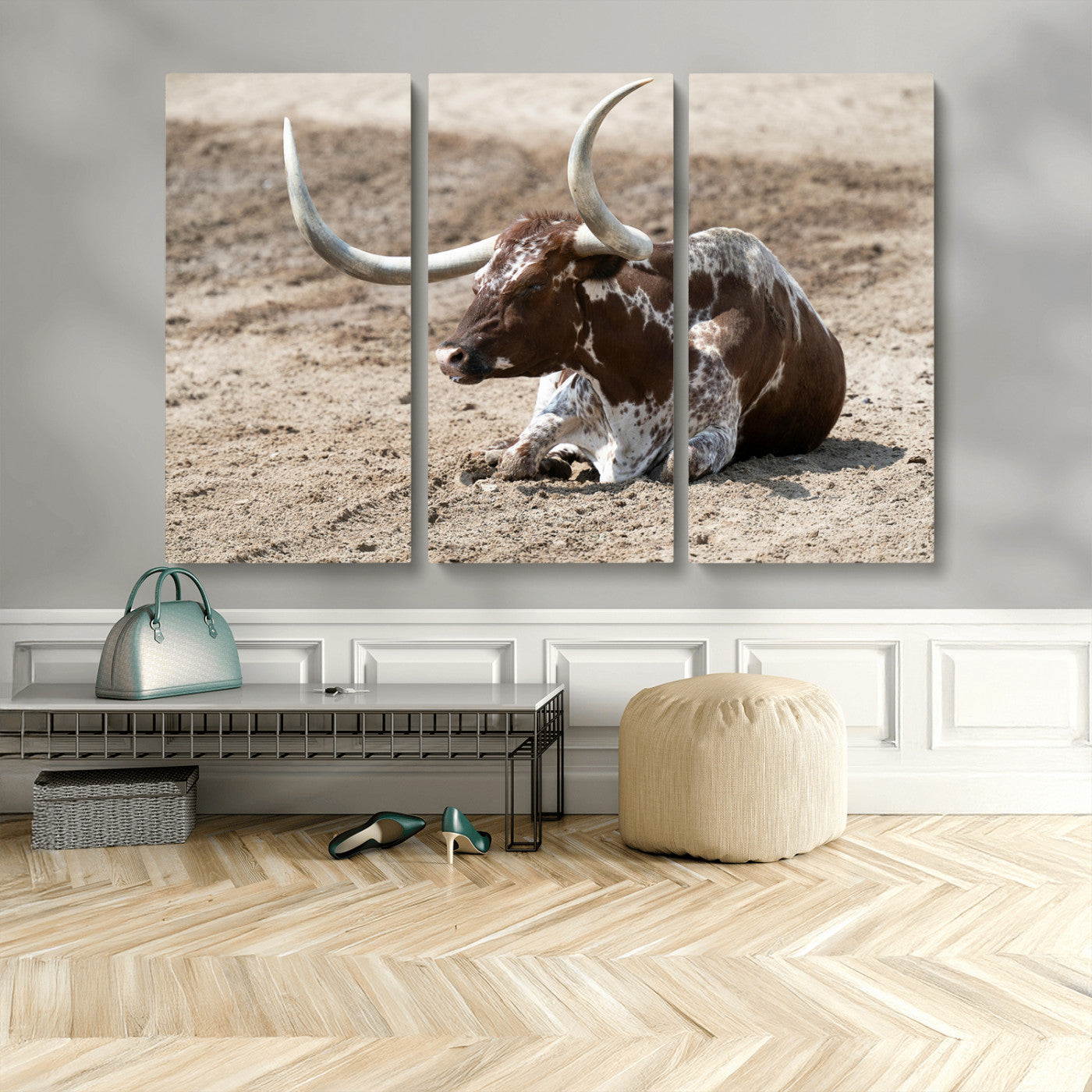 76549210-MGV-CV-36X24-Texas Longhorn Wall Art Canvas Print, Framed Country Living Art Picture Print, Farmhouse Aesthetic Perfect Western Rustic Decor