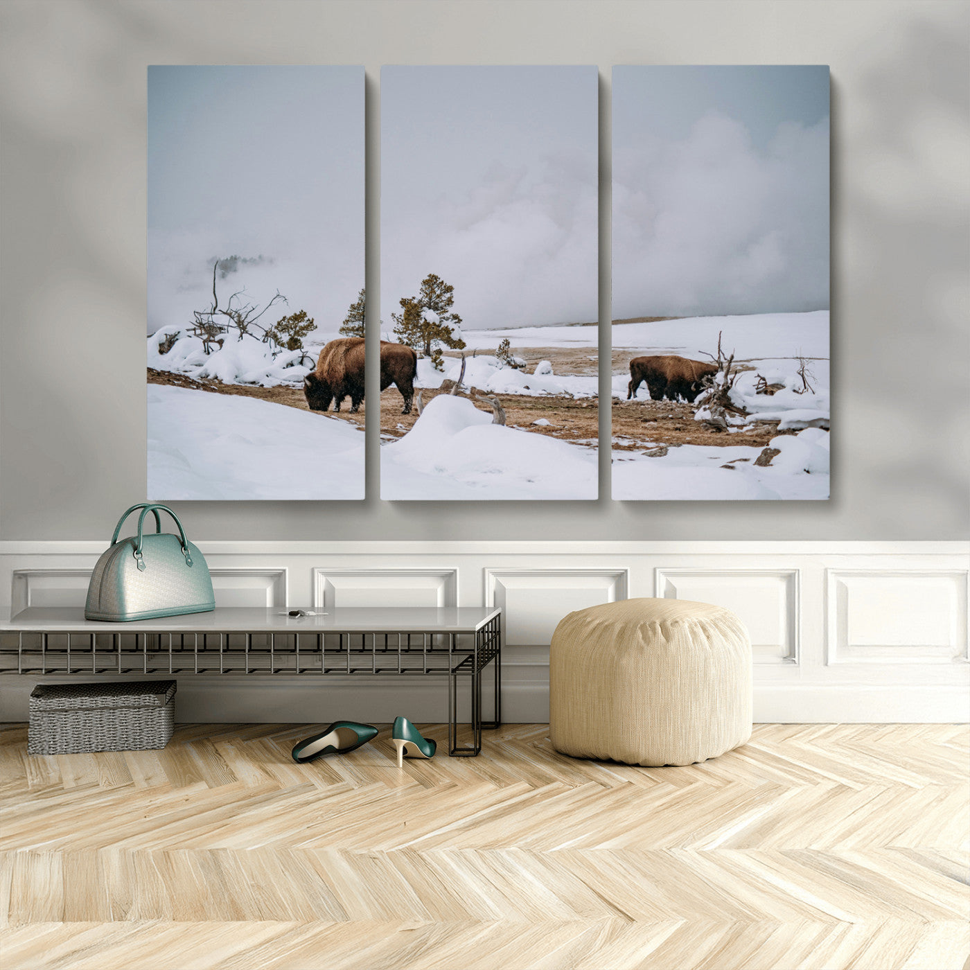 60308289-MGV-CV-48X32-3P-Bison Wildlife Wall Art Canvas Print, Framed Snowy Prairie Art Picture Print, Western Landscape Perfect Rustic Winter Decor