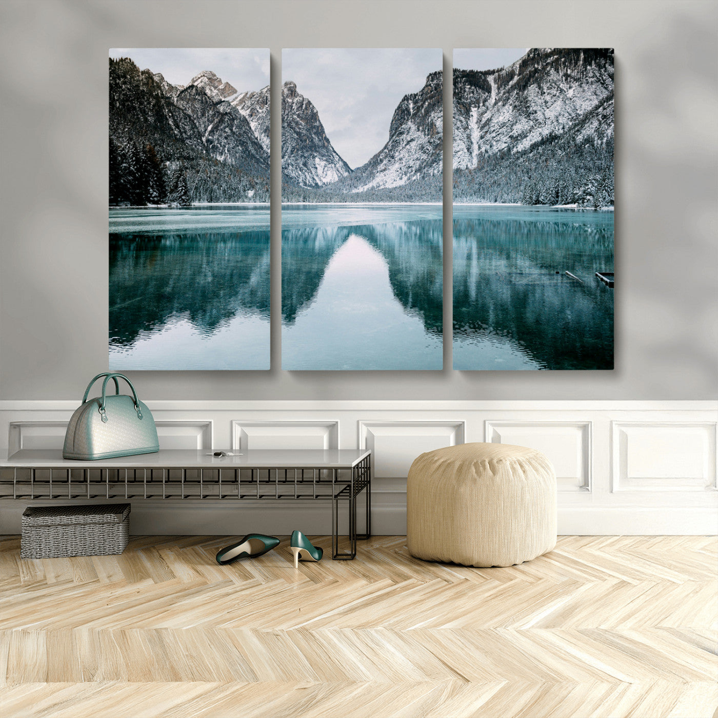 73098373-MGV-CV-36X24-Mountain Lake Wall Art Canvas Print, Framed Winter Wonderland Art Picture Print, Snowy Peaks Perfect Modern Nature Decor Artwork