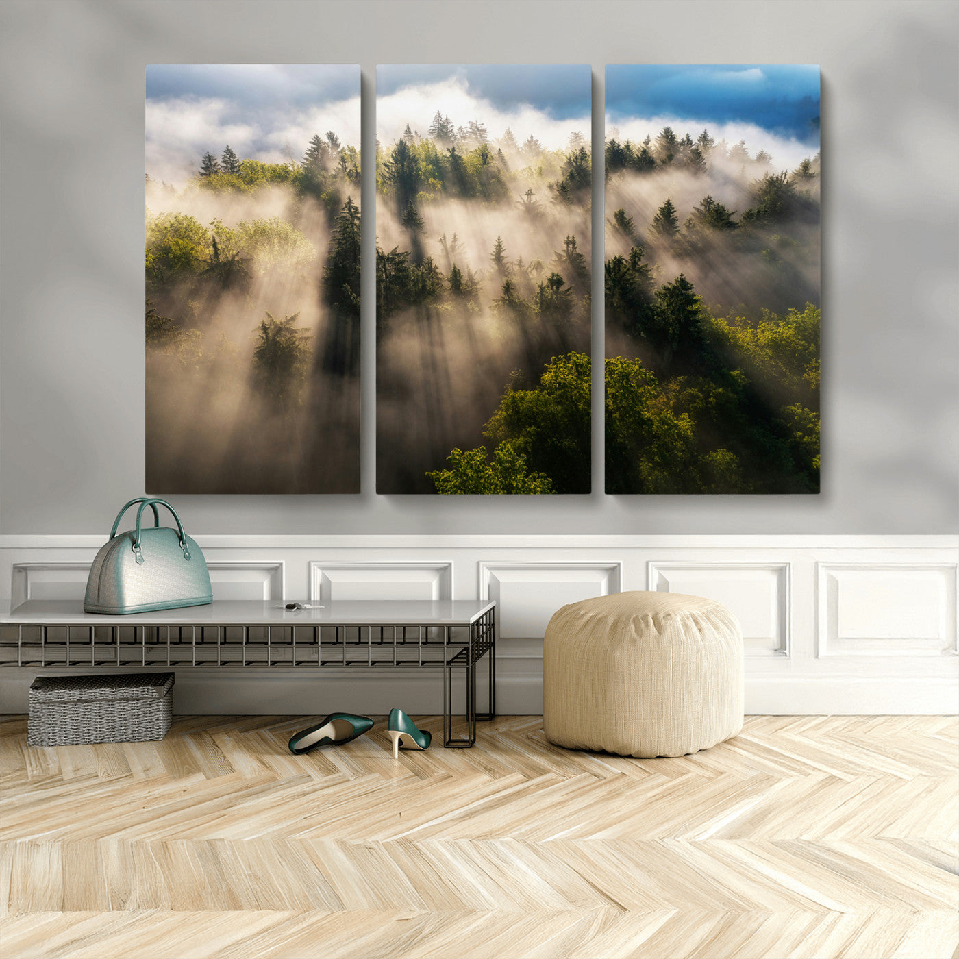 14785710-MGV-CV-36X24-Tranquil Forest Scene Wall Art Canvas Print, Framed Sunbeam Through Trees Art Picture Print, Moody Green Wall Art Perfect