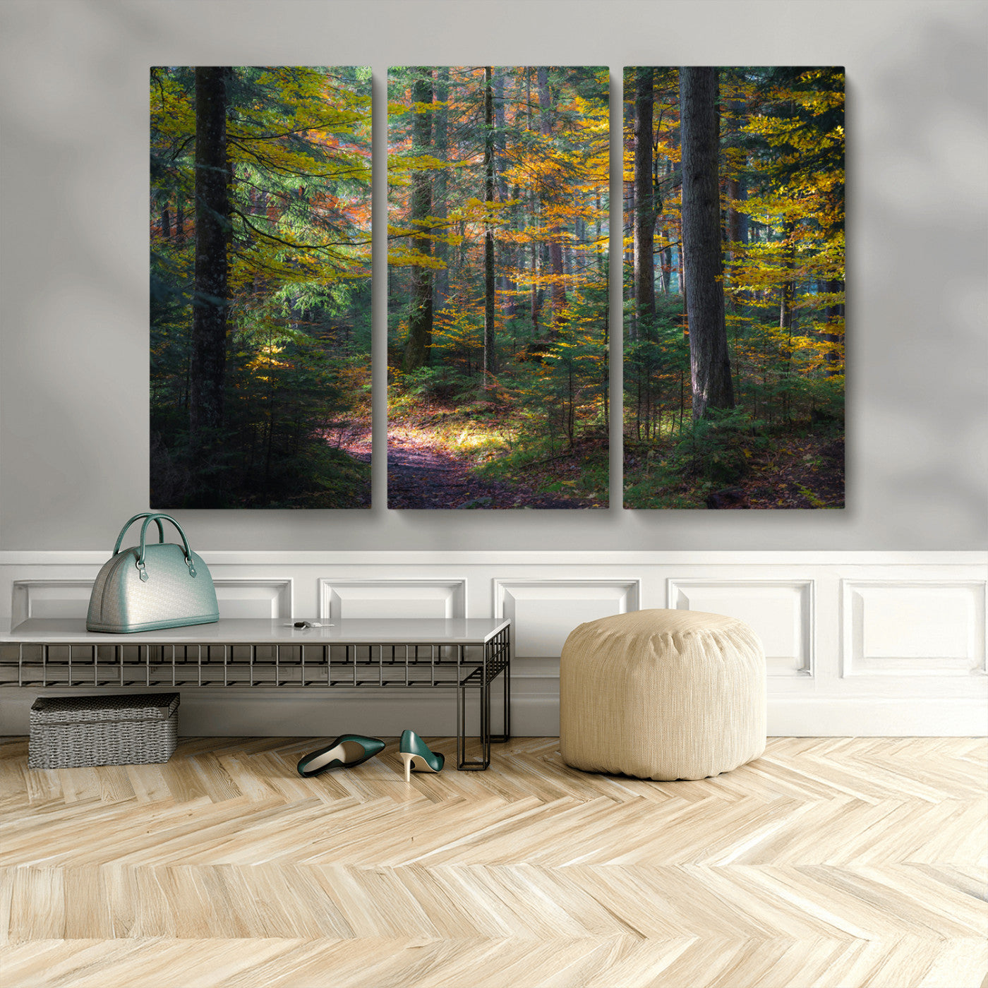 65810864-MGV-CV-48X32-3P-Autumn Forest Wall Art Canvas Print, Framed Fall Woodland Art Picture Print, Golden Leaves Perfect Rustic Farmhouse Decor Artwork