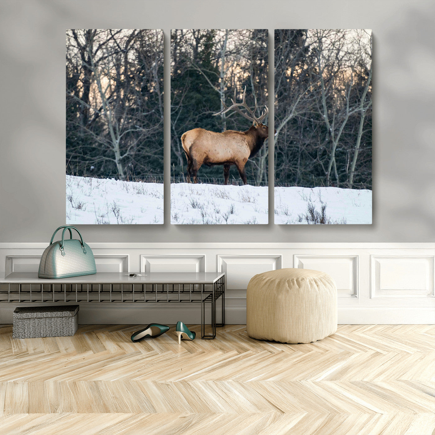 36533178-MGV-CV-48X32-3P-Wild Elk Photography Wall Art Canvas Print, Framed Winter Wildlife Art Picture Print, Snowy Forest Perfect Rustic Lodge Decor