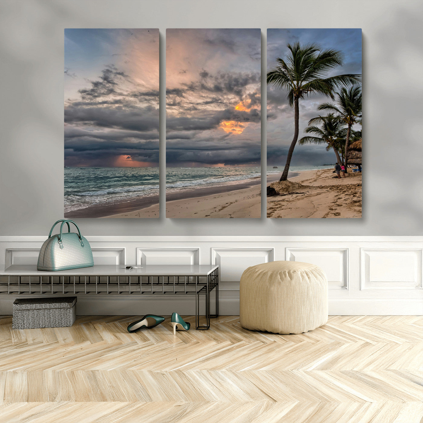 62574547-MGV-CV-48X32-3P-Tropical Storm Wall Art Canvas Print, Framed Moody Beach Art Picture Print, Dramatic Sky Perfect Tropical Coastal Decor Artwork