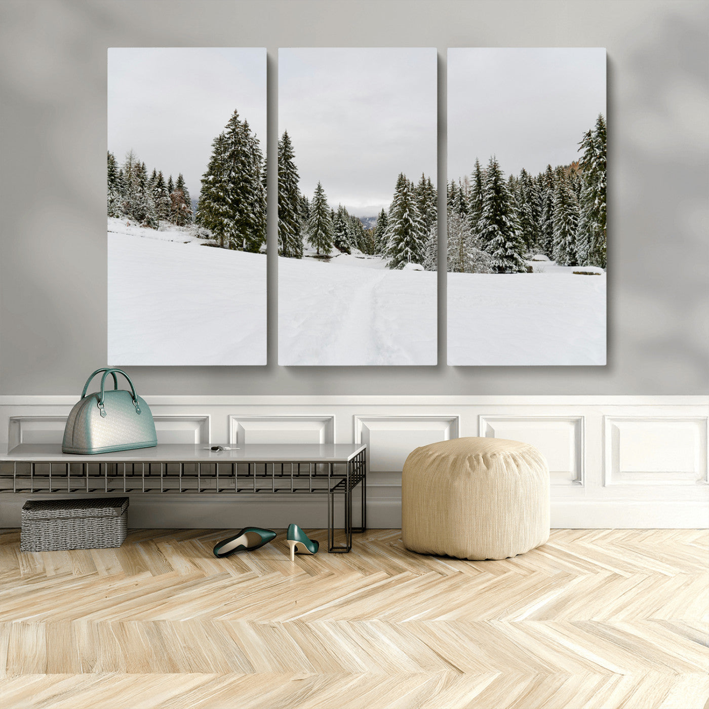 24581417-MGV-CV-48X32-3P-Frosty Pines Wall Art Canvas Print, Framed Silent Snowfall Art Picture Print, Cozy Cabin Vibes Perfect Nordic Minimalist Decor