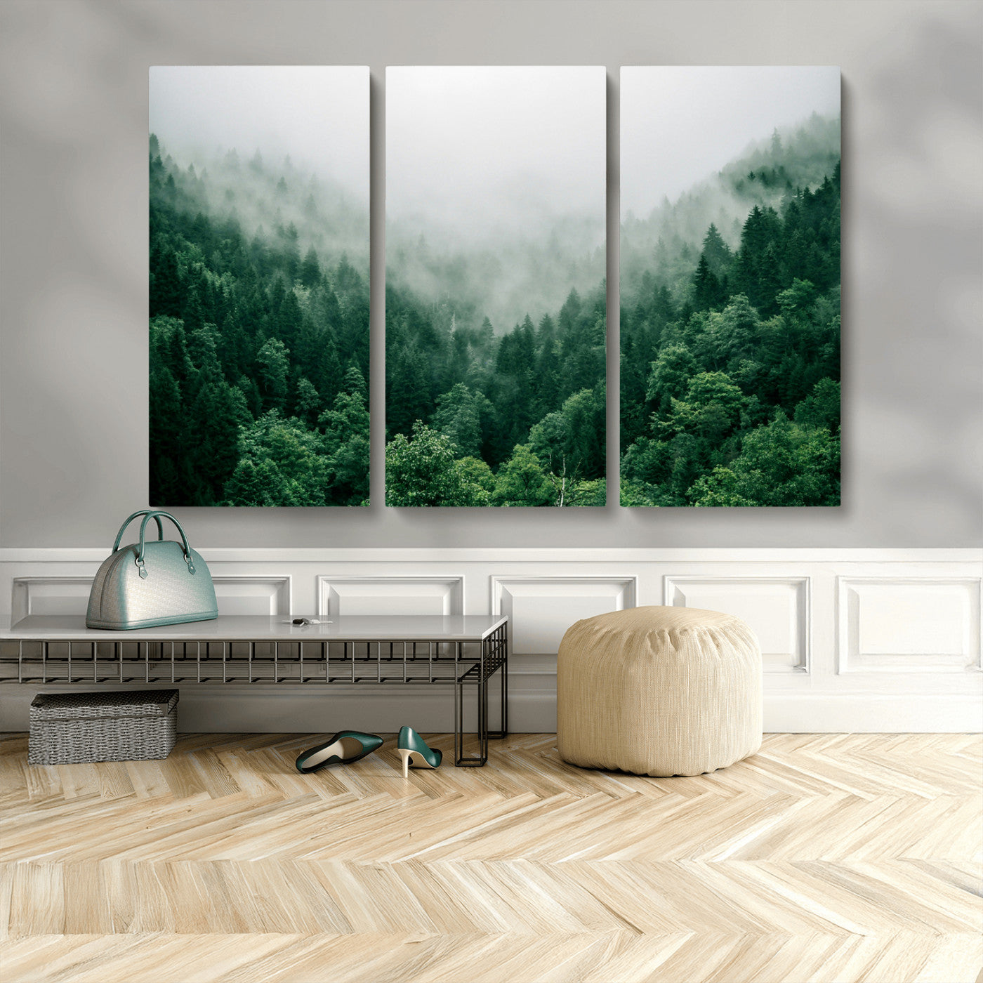 45265379-MGV-CV-48X32-3P-Misty Forest Wall Art – Green Mountain Pine Tree Landscape Canvas Print, Nature Photography Artwork Home Decor for Bedroom, Living