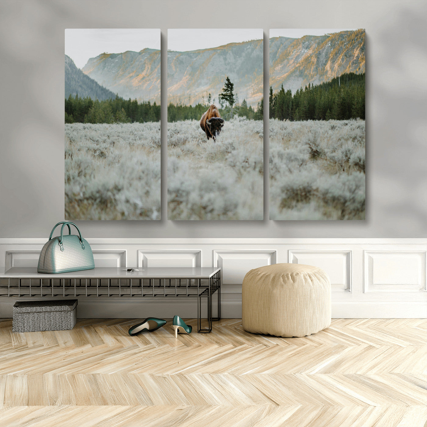 41674074-MGV-CV-48X32-3P-Bison Wall Art – American Buffalo Wildlife Photography Canvas Print, Western Mountain Landscape Artwork Rustic Nature Decor for