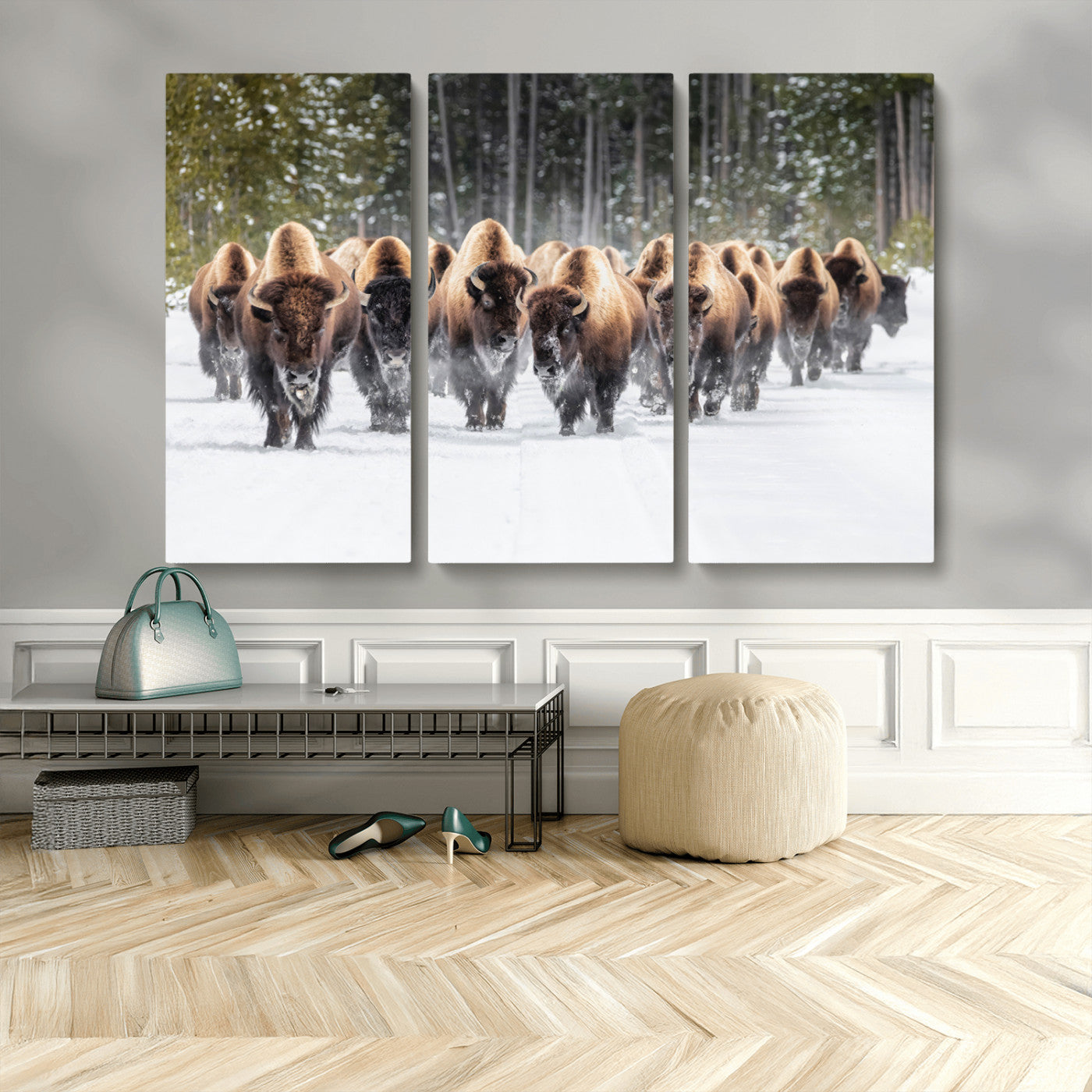 96906195-MGV-CV-48X32-3P-Bison Herd Wall Art – American Buffalo Wildlife Photography Canvas Print, Winter Snow Scene Western Nature Decor for Living Room,