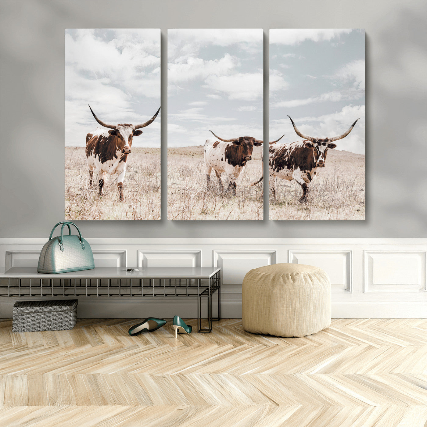 65621083-MGV-CV-48X32-3P-Texas Longhorn Wall Art – Rustic Western Cattle Canvas Print, Southwestern Ranch Photography Decor for Living Room, Office,