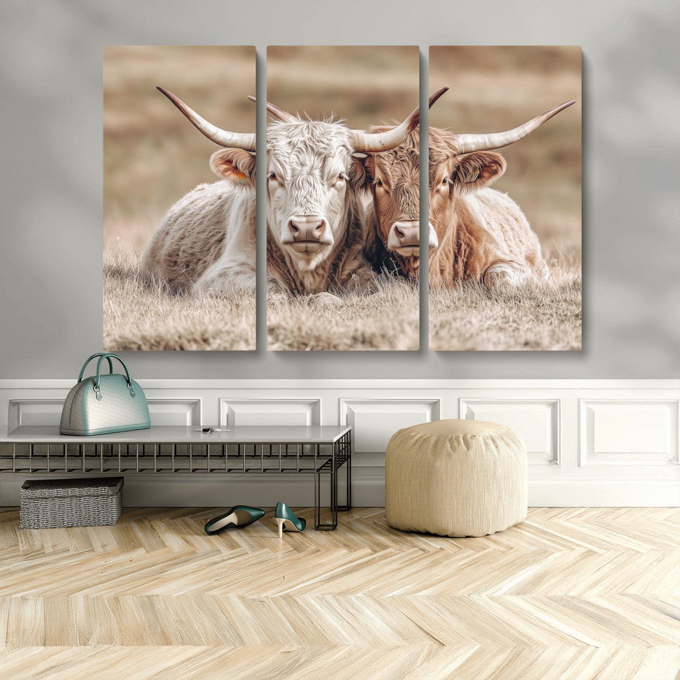 38651722-MGV-CV-36X24-Cow Wall Art – Rustic Longhorn Pair Canvas Print, Western Farmhouse Animal Painting, Country Ranch Decor for Living Room, Bedroom,
