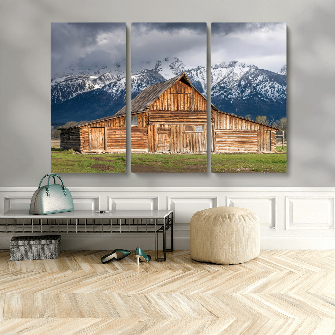 15173627-MGV-CV-48X32-3P-Barn Wall Art – Rustic Wooden Cabin Canvas Print with Snowy Mountain Landscape, Western Farmhouse Country Decor for Living Room,