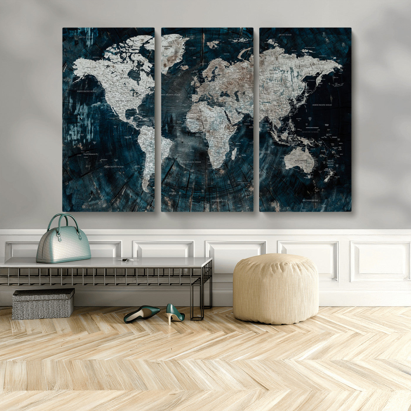 34425609-MGV-CV-48X32-3P-World Map Wall Art – Rustic Navy and Grey Atlas Canvas Print, Distressed Explorer Map Artwork, Industrial Style Decor for Office,