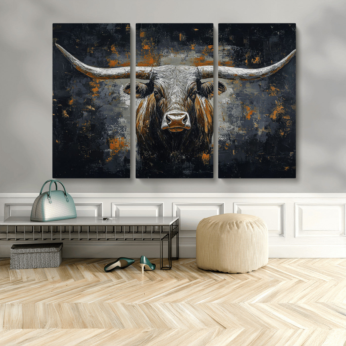 93195031-MGV-CV-48X32-3P-Dark Longhorn Bull Wall Art – Western Steer Canvas Print, Moody Rustic Animal Painting for Man Cave, Ranch House, Office or Modern