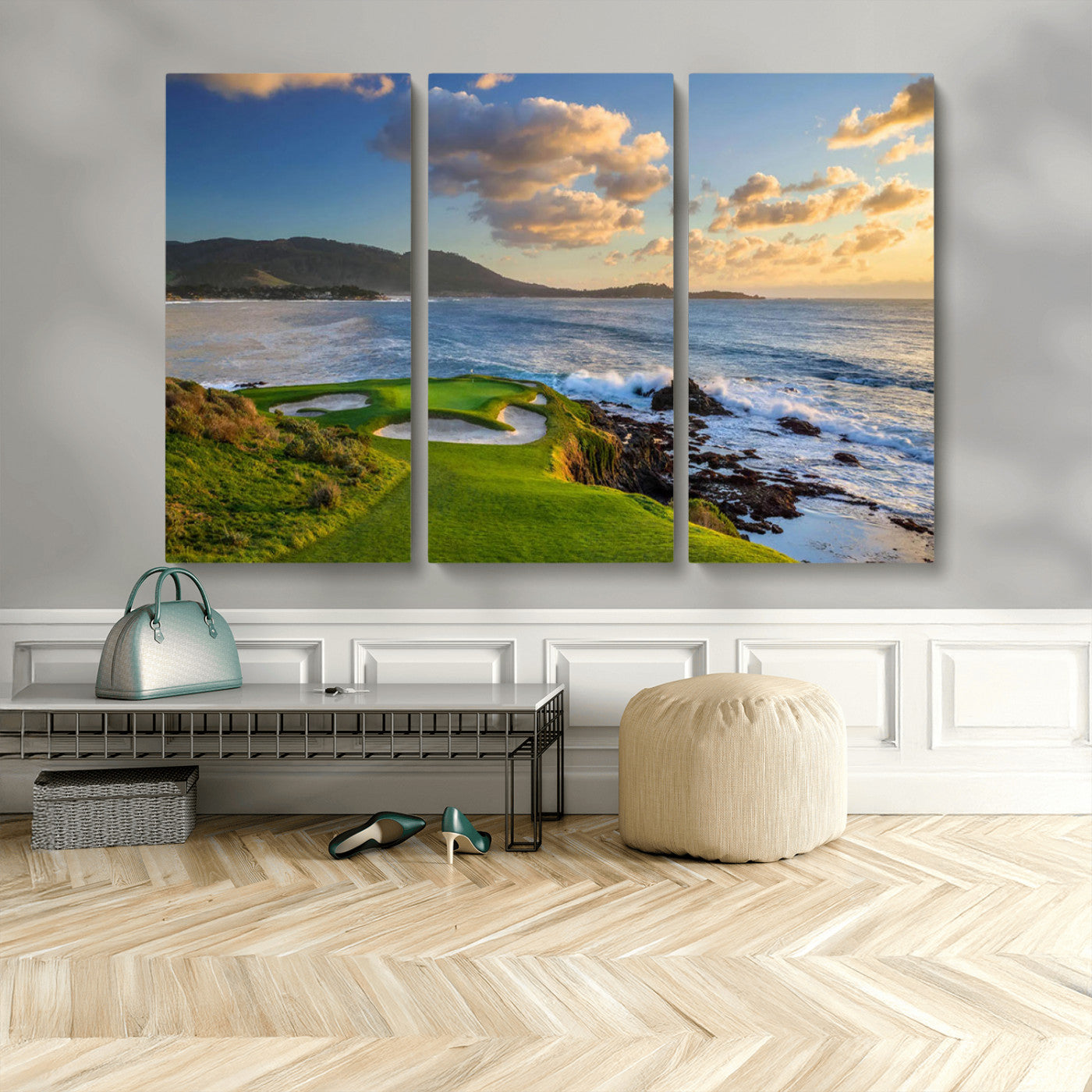 50107048-MGV-CV-48X32-3P-Golf Course Wall Art – Coastal Ocean View Canvas Print, Scenic Fairway Landscape Decor for Office, Man Cave, Bedroom, or Living
