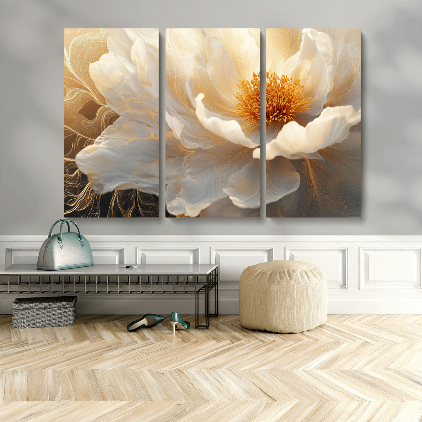 29539087-MGV-CV-48X32-3P-Floral Wall Art – Elegant White and Gold Bloom Canvas Print, Romantic Modern Flower Artwork for Bedroom, Living Room, or Office