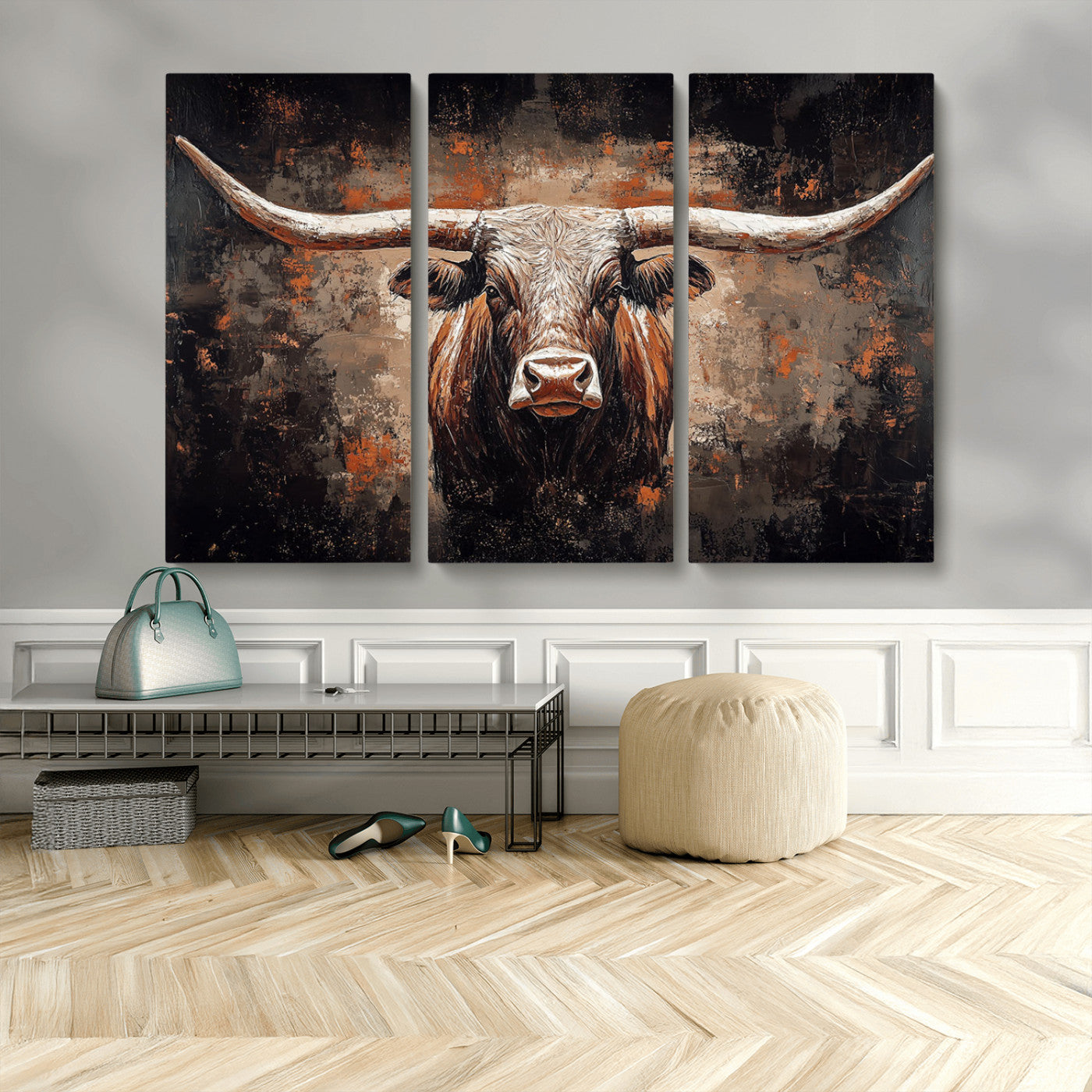 24779067-MGV-CV-36X24-Longhorn Bull Wall Art – Western Rustic Canvas Print, Bold Cowboy Cattle Painting for Ranch House, Farmhouse, Office, or Living