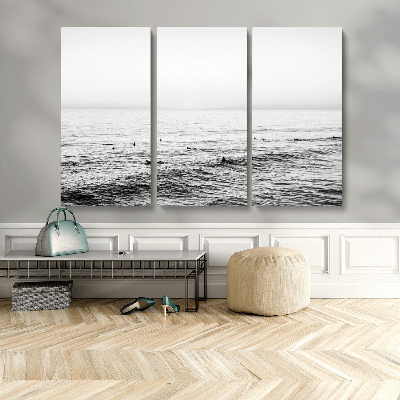 47208268-MGV-CV-48X32-3P-Surfer Ocean Wall Art – Black and White Coastal Canvas Print, Minimalist Surfing Seascape Decor for Living Room, Bedroom, or Beach