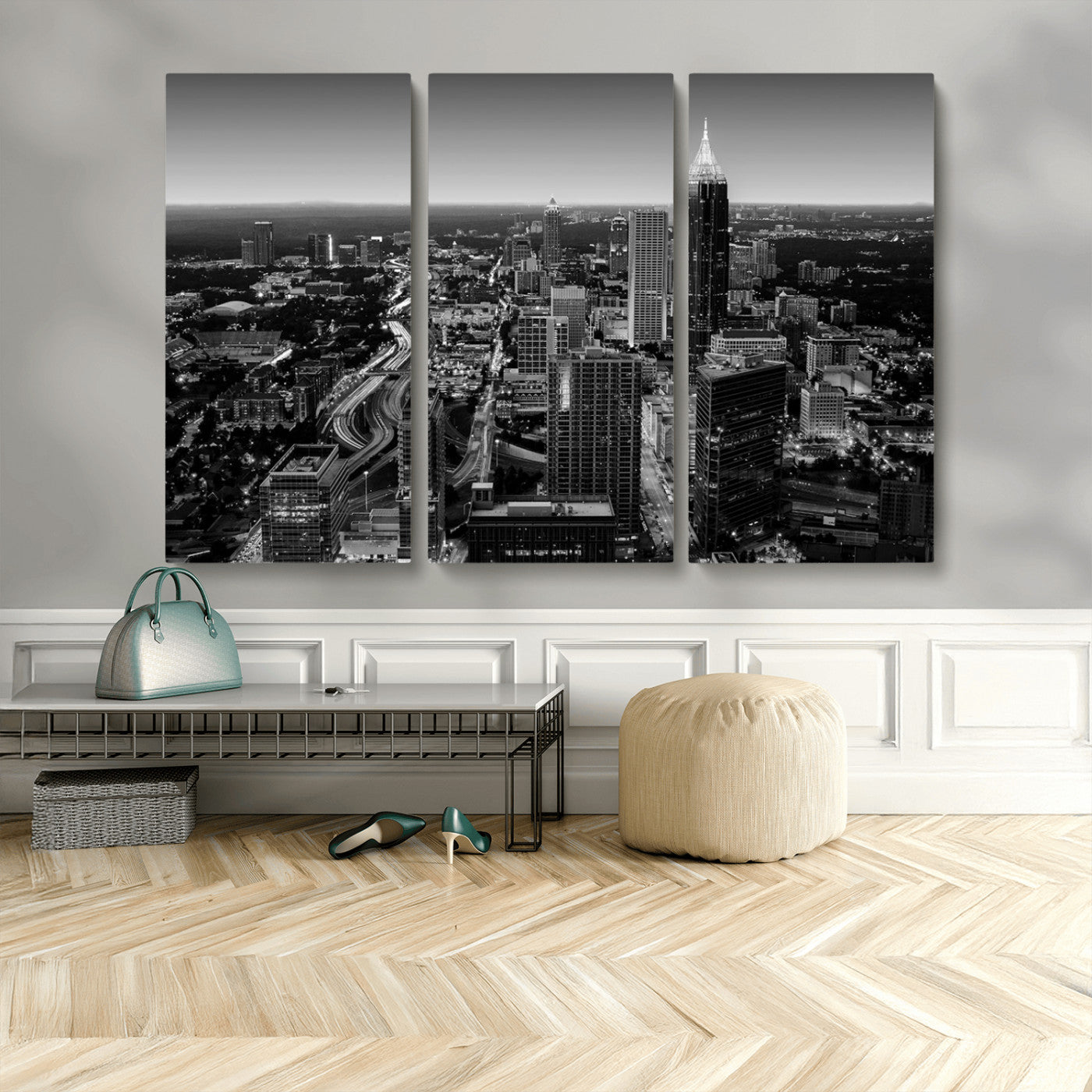 46578567-MGV-CV-48X32-3P-Atlanta Skyline Wall Art – Black and White Cityscape Canvas Print, Modern Urban Night Decor for Office, Living Room, or Apartment
