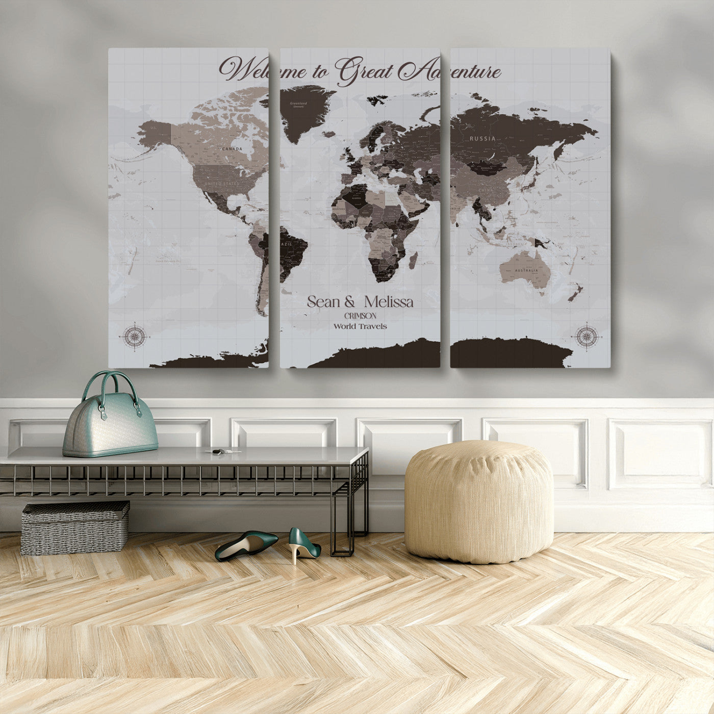 43749658-MGV-CV-36X24-Welcome to Great Adventure World Map Wall Art – Charcoal Gray Canvas Print, Rustic Travel Decor for Living Room, Study, Office or