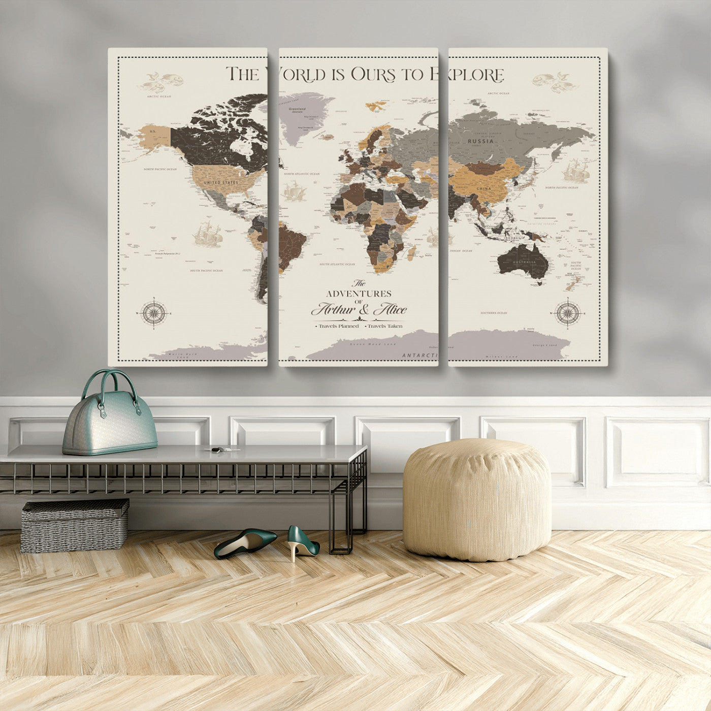 90024882-MGV-CV-48X32-3P-The World is Ours to Explore Wall Art – Earth Tone World Map Canvas Print, Adventure Travel Decor for Living Room, Office or
