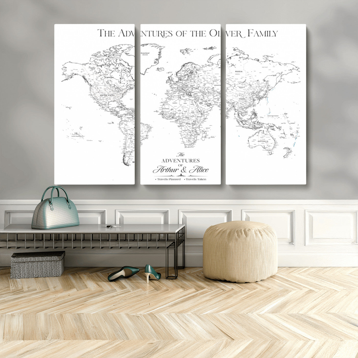 21029247-MGV-CV-48X32-3P-Minimalist World Map Wall Art – Black and White Travel Adventure Print, Modern Family Travel Map Decor for Living Room, Bedroom,