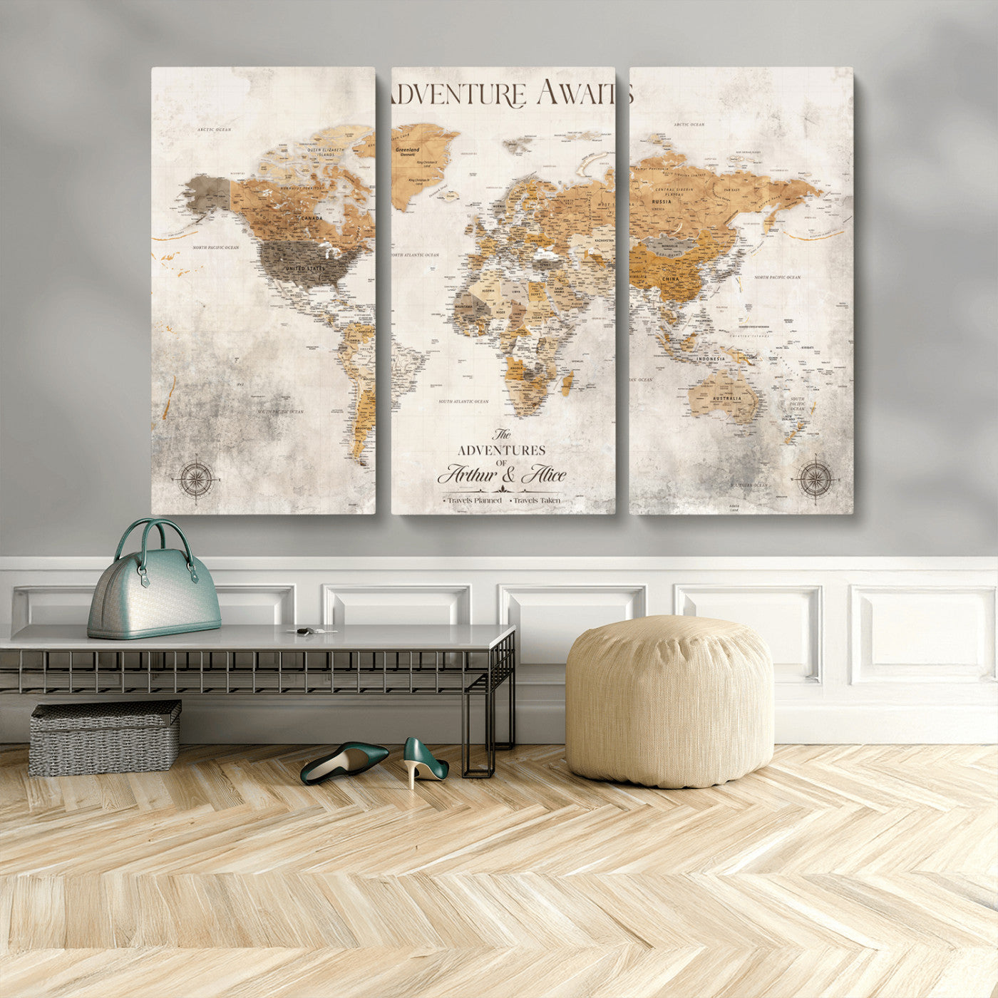 99422096-MGV-CV-48X32-3P-Adventure Awaits World Map Wall Art – Neutral Beige Canvas Print, Modern Travel Inspired Wall Decor for Living Room, Bedroom or