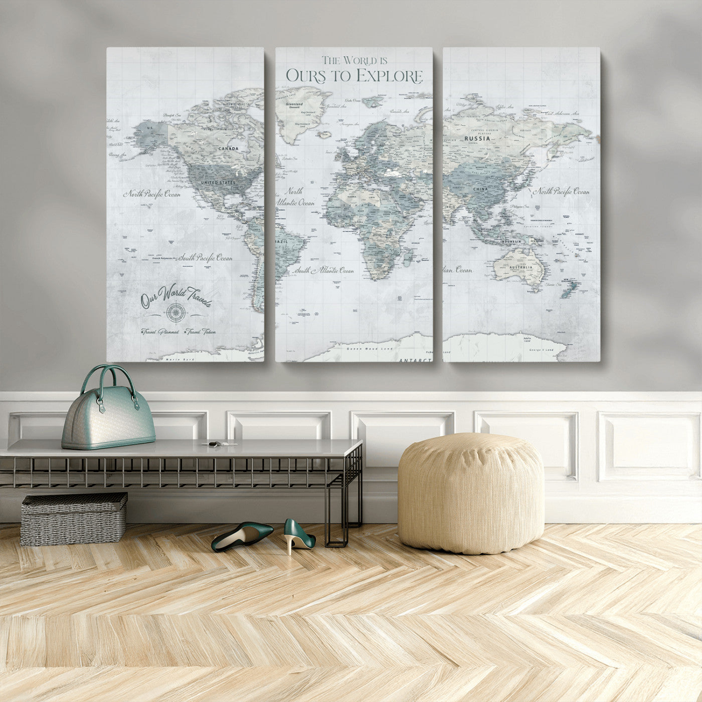 94249974-MGV-CV-48X32-3P-Ours Explore World Map Wall Art – Modern Travel Canvas Print, Neutral Adventure Decor for Living Room, Office, Study, Bedroom,