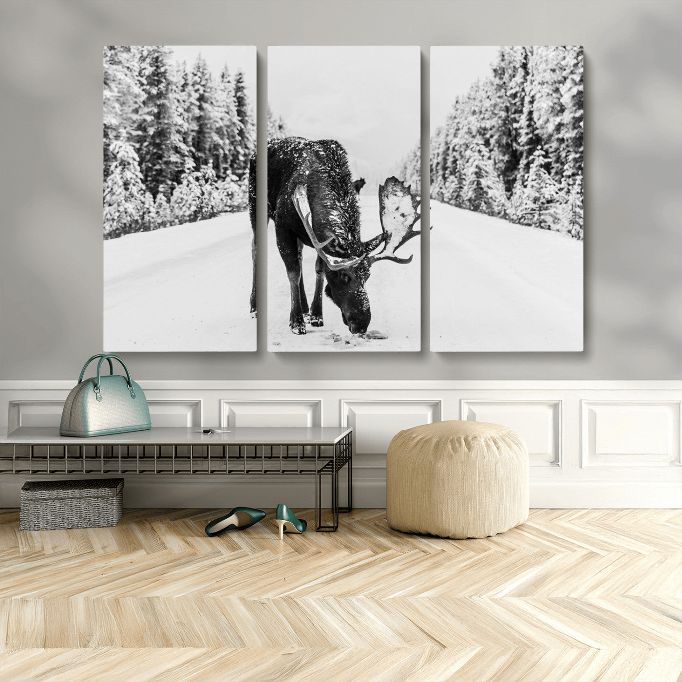 38956835-MGV-CV-48X32-3P-Moose Wall Art – Black and White Wildlife Canvas Print with Snowy Forest Road, Rustic Nature Photography for Cabin, Lodge, Living