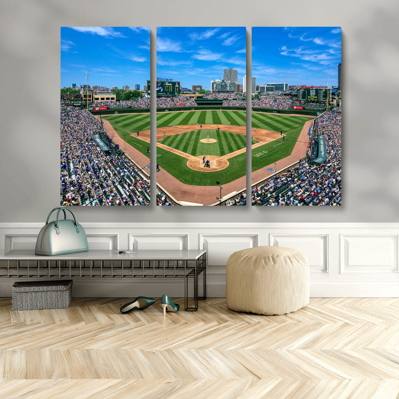 35800083-MGV-CV-36X24-Wrigley Field Baseball Stadium Canvas Wall Art – Packed Crowd Sports Stadium Print, City Skyline Baseball Field Canvas for Game