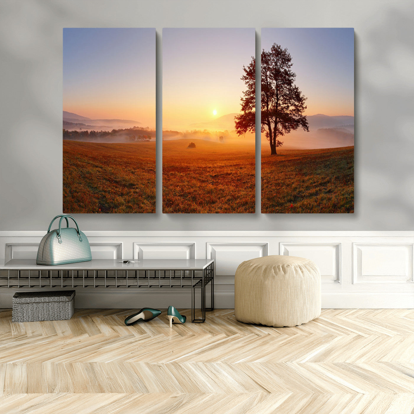 57919623-MGV-CV-48X32-3P-Sunrise Landscape Wall Art – Golden Morning Canvas Print with Tree, Misty Hills and Open Field, Peaceful Nature Photography for