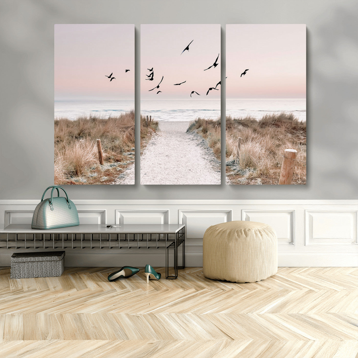 34632598-MGV-CV-36X24-Coastal Pathway Canvas Wall Art – Framed Seaside Landscape, Large Beach and Birds Canvas Print for Home, Office, or Living Room