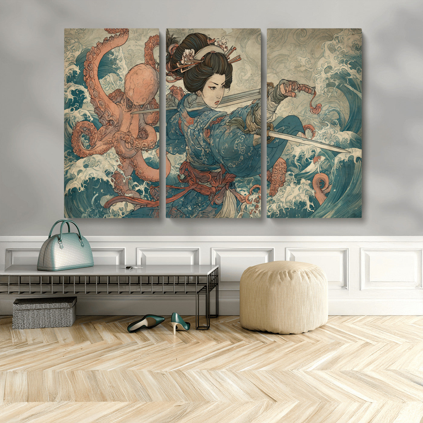 52037775-MGV-CV-48X32-3P-Samurai Woman Wall Art – Japanese Ukiyo e Style Canvas Print with Katana, Ocean Waves and Octopus, Traditional Asian Inspired