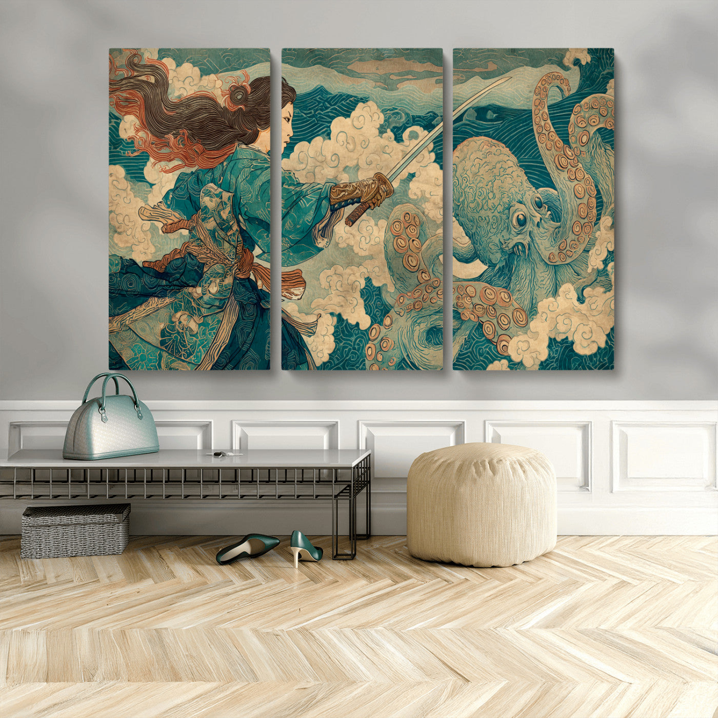 37943964-MGV-CV-36X24-Tsukioka Yoshitoshi Samurai Wall Art Print, Japanese Katana Warrior Canvas Wall Art, Octopus Sea Monster Canvas Print,