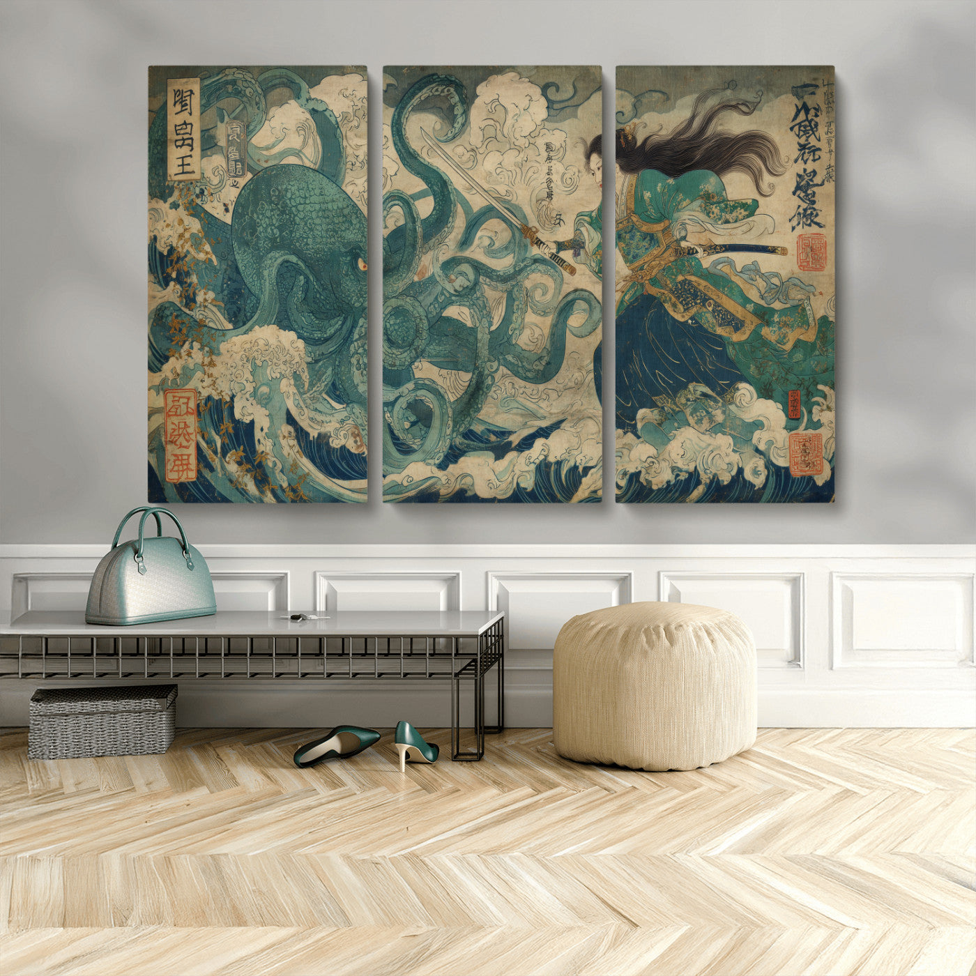 60346622-MGV-CV-36X24-Samurai Warrior vs Octopus Wall Art – Japanese Ukiyo-e Style Ocean Battle Canvas Print, Traditional Samurai Artwork for Living