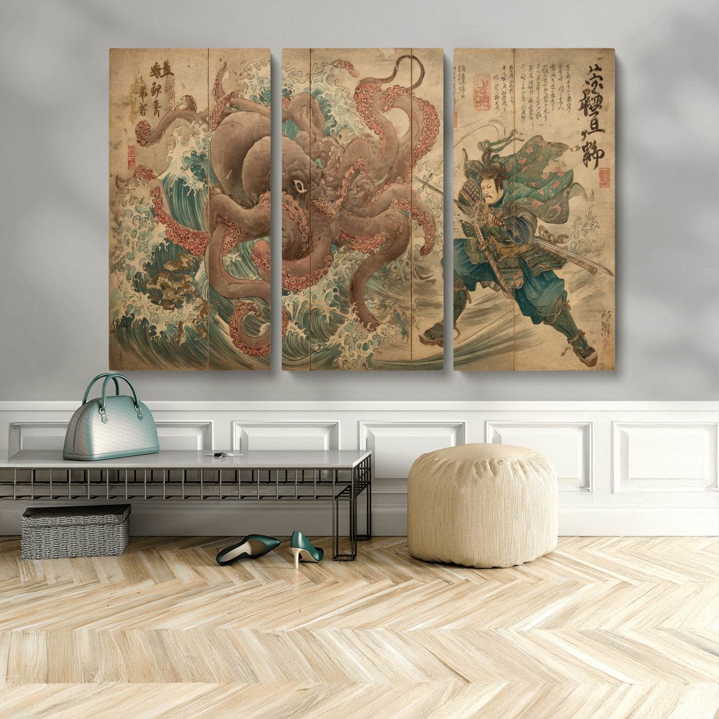 63782167-MGV-CV-36X24-Tsukioka Yoshitoshi Samurai Wall Art Print, Japanese Katana Warrior Canvas Wall Art, Octopus Sea Monster Canvas Print,