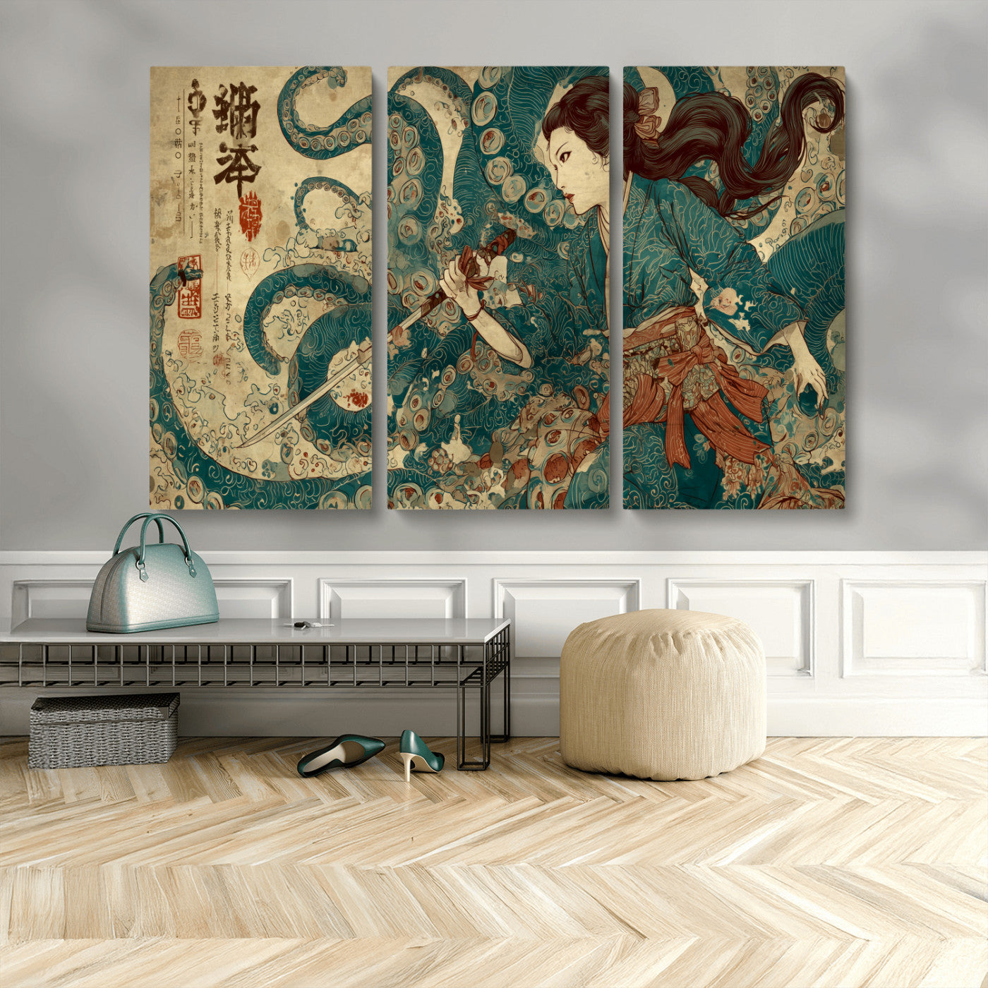 18575670-MGV-CV-36X24-Tsukioka Yoshitoshi Samurai Wall Art Print, Japanese Katana Warrior Canvas Wall Art, Octopus Sea Monster Canvas Print,