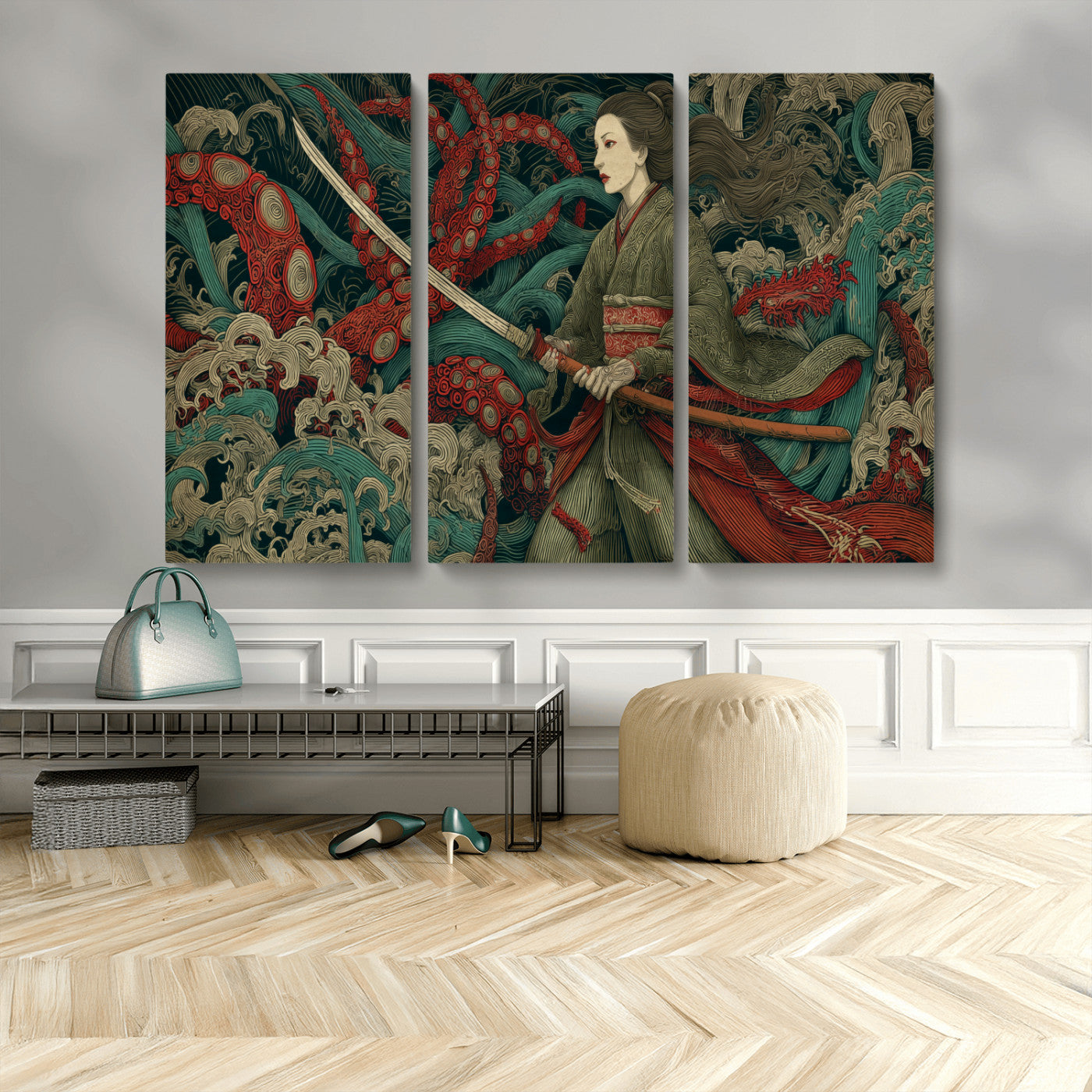 18902796-MGV-CV-48X32-3P-Samurai Woman vs Octopus Wall Art – Japanese Ukiyo-e Green Kimono Canvas Print, Ocean Battle Scene Artwork for Living Room,