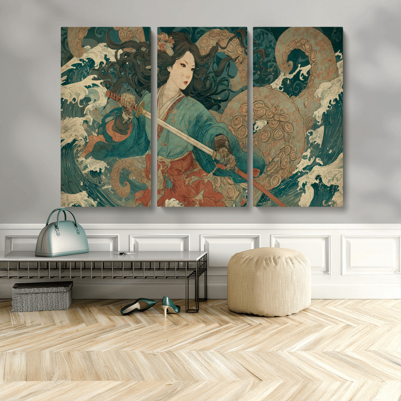 79740258-MGV-CV-36X24-Tsukioka Yoshitoshi Samurai Wall Art Print, Japanese Katana Warrior Canvas Wall Art, Octopus Sea Monster Canvas Print,